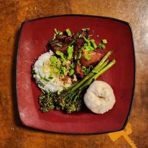 Mao style braised Chinese pork with bao, broccolini ,and ricePork